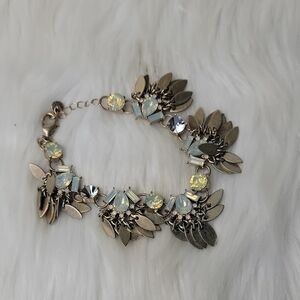 HALOGEN Opalescent Iridescent Glass Brass Tone Leaf Tassel Boho Fashion Bracelet